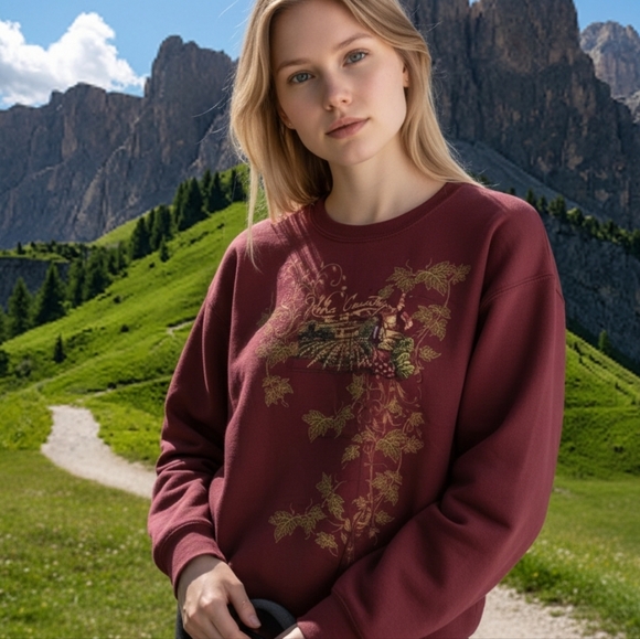 Jerzees Tops - VTG Y2k Jerzees‎ Burgundy Red Wine Country Vineyard Art Pullover Sweatshirt XL